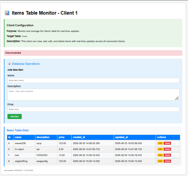 WebSocket Table Monitor Client View